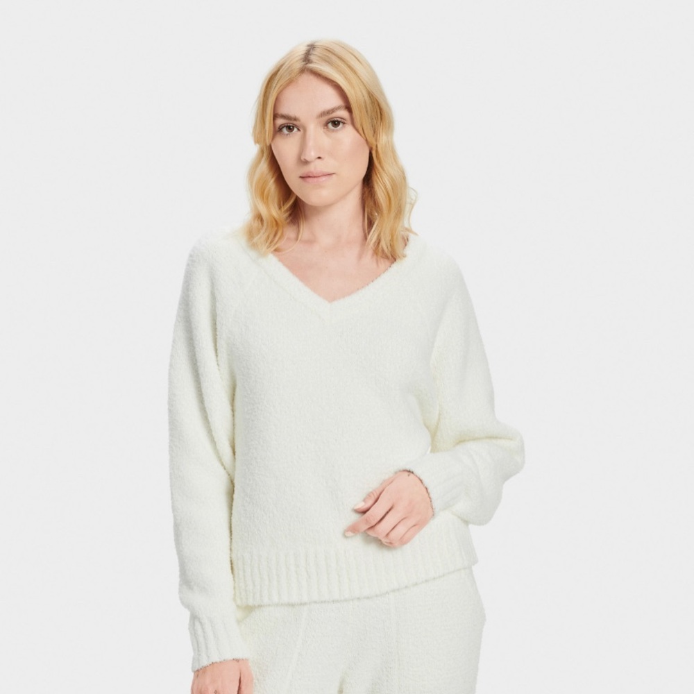 UGG Paula V Neck Fluffy White Sweater